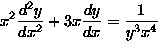 \( \displaystyle
 x^2 \frac{d^{2} y }{d {x}^{2}}+ 3x \frac{d {y}}{d {x} } =\frac{1}{y^3 x^4} \)