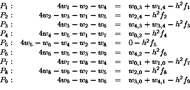 \begin{displaymath}
\begin{array}
{crcl}
 P_1: & 4w_1-w_2-w_4 &=& w_{0,3}+w_{1,4...
 ...: & 4w_{9}-w_{8}-w_{6} &=& w_{3,0}+w_{4,1}-h^2f_9 
 \end{array}\end{displaymath}