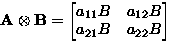 \(\displaystyle
{\bf A}\otimes{\bf B}=
\begin{bmatrix}
a_{11}B&a_{12}B\\ a_{21}B&a_{22}B\\  \end{bmatrix}\)