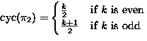 $\textrm{cyc}(\pi_2)=\begin{cases}
\frac{k}{2} & \text{if $k$\space is even} \\ \frac{k+1}{2} & \text{if $k$\space is odd} \\ \end{cases}$