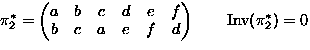 $\pi_2^*=
\begin{pmatrix}
a & b & c & d & e & f \\ b & c & a & e & f & d \\ \end{pmatrix}\qquad \textrm{Inv}(\pi_2^*)=0$